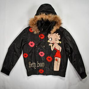 Vintage Betty Boop Fur Hood Double Sided Leather Jacket - 3XL